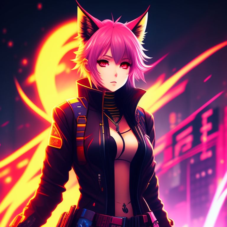 Cyberpunk anime character with red hair and cat ears