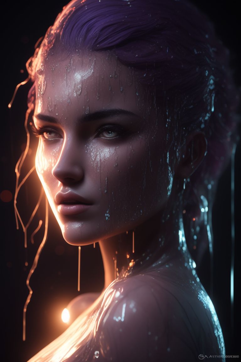 ((full body)), exposed legs, perfect anatomy, ultra detailed artistic photography of a beautiful woman, beautiful caucasian woman Rebecca, age 22, wearing short clothing, light purple hair, Attractive posing, Odd-eye, glamour, wet see-through T-shirt, wet skin, Wet hair, rain, hyperdetailed painting, luminism, 4k resolution, fractal isometrics details bioluminescens , 3d render, octane render, intricately detailed ,full color, hand drawn, gritty, realistic mucha, intricate, hit definition, cinematic, Rough sketch, bold lines, on paper, by kittew and Mirco Cabbia, drops of water on the face and body, natural body posture, rain, symmetrical, sharp eyes, digital painting, concept art, voluminetric lighting,TanvirTamim, metallic reflections, 2d render, 8k. by artgerm, trending on artstation