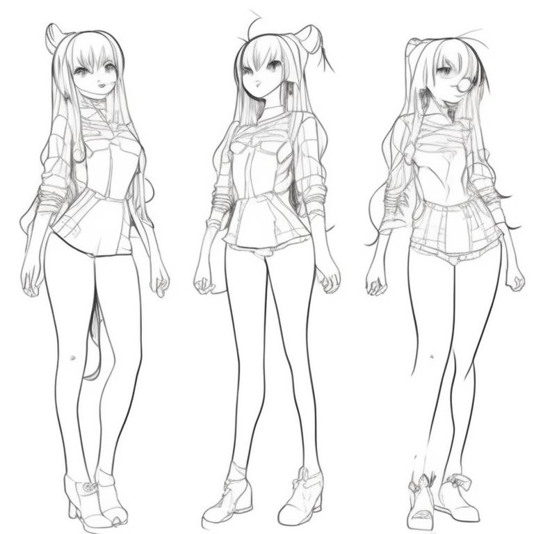 full body, anime character with pose , Cartoon, Line art, Black lines, White background, Coloring book