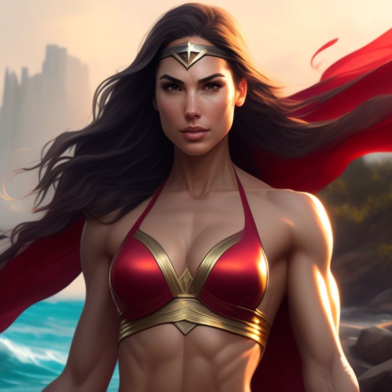 required-gnu36: Muscular Gal Gadot in bikini with defined abs at the beach,  beautiful photogrphy, sunny light