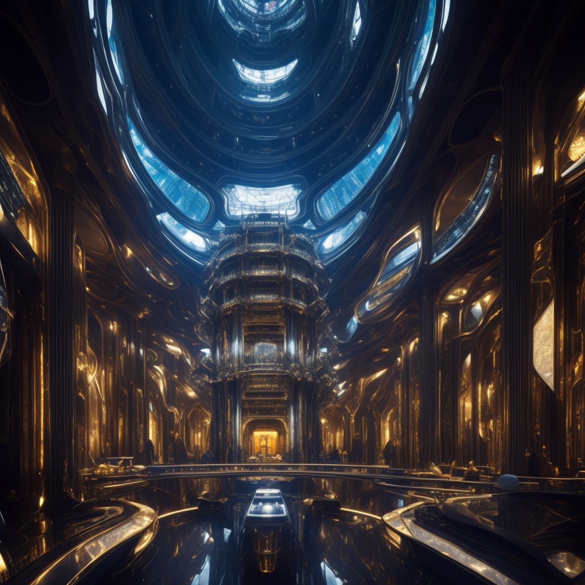 Interior of a lavish huge luxurious alien palace. Futuristic, advanced extraterrestrial technology. Royal rich regal alien architecture. Alien monarch in the center.