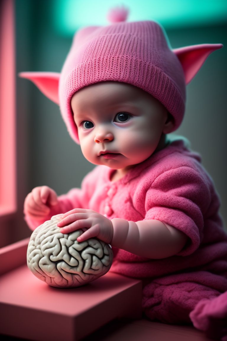 Pink Goblin baby playing with a brain, by irmgard karoline becker despradel, Intricate details, lomography style, Studio lighting, Studio background, indoor shot, sony a7 iv, f1/3, dramatic shot, 16K, featured on flickr, ultra-detailed, ultra realism, Depth of field, 