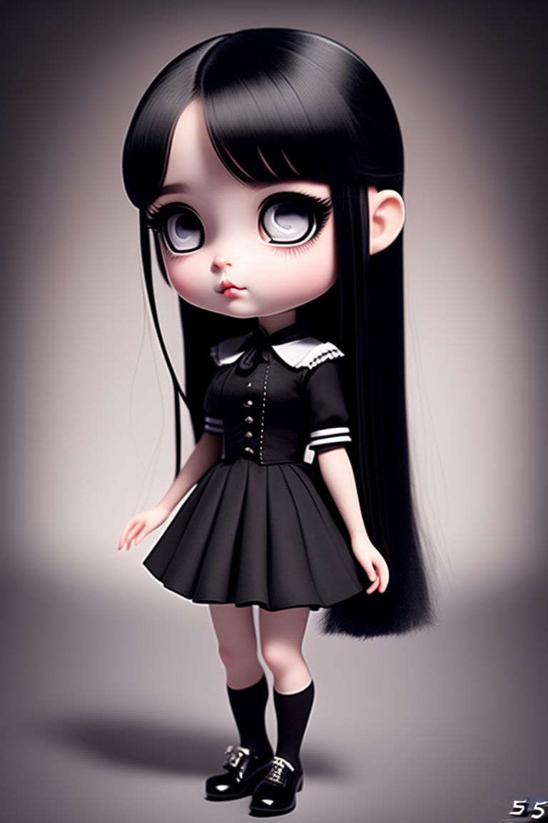 KT1973: a full body portrait of baby wednesday addams, black eyes, pouty  mouth, pale, black two braided hair, angry expression, black dress, white  collar, striped stockings