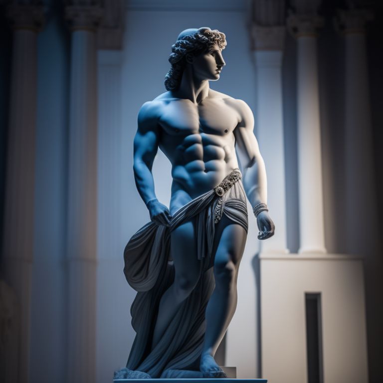 moralturtle525 male statue, perfect body and proportions, on a bluish