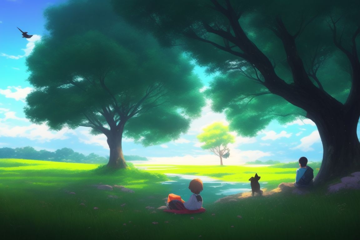 vain-sheep863: in a natural anime landscepe a character is sitting by the  river side under a big tree while the dog is playing in the grass and some  birds are flying in