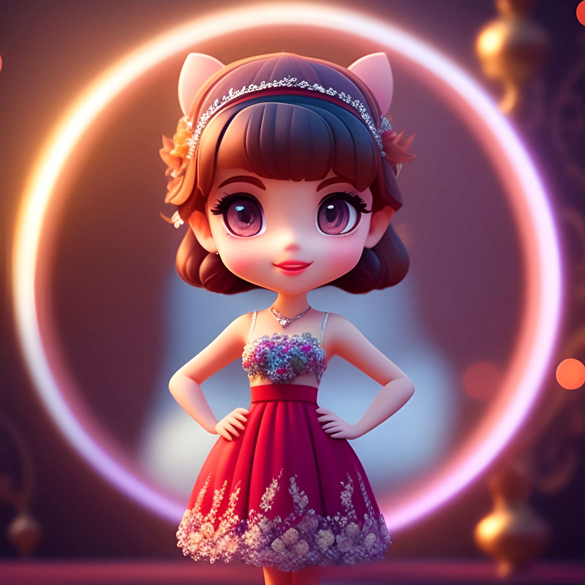 standing centered, Pixar style, 3d style, disney style, 8k, Beautiful, Woman, in floral dress, romantic vibes, cute, nendoroid, ethereal, Pinterest aesthetics , 3D style rendered in 8k using beautiful Disney like animation