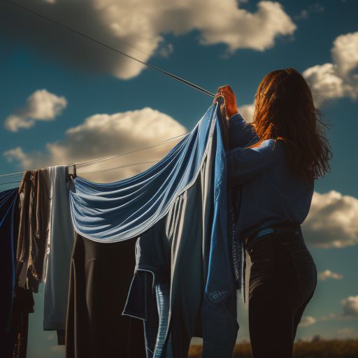 moralturtle525 woman hanging clothes on clothesline, wind, blue sky