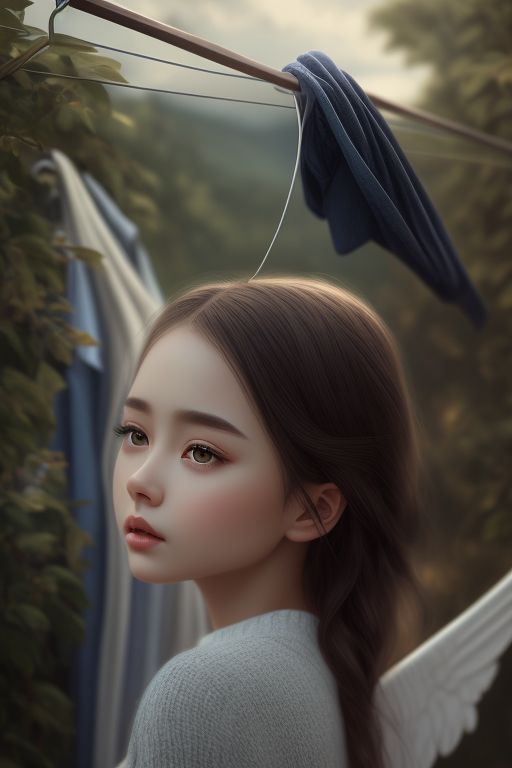 woman hanging clothes on clothesline, wind, blue sky, some beautiful white clouds in the distance, "Overcome Limits", (((Full body))), 16k UHD, 17 years old, 1920x1080, 4k face, A cozy and inviting atmosphere, Accurate eyes, Accurate face, Adorable big eyes, Aestitic, Alluring, Angel, Art by wlop, Attractive woman, Attractive outfit, Beautiful Highly Detailed Face, Beautiful eyes, Beautiful scenery , Beautifully adorable and cute, Beutiful, Black hair, Clear skin, Clothing askew, Adorable, Aesthetic, Amazing photo, Classy, Clean, Delicate and fine, Delicate, Ultra realistic