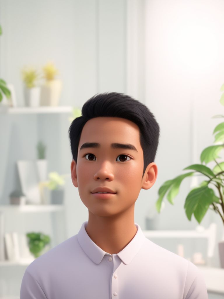 live-fish536: teenager of southeast asian (Indonesia) lightskin guy with  pointy chin, small ears, squinty almond shaped eyes, high cheekbones,  sitting in a content table with soft warm lighting and plants and bookcase