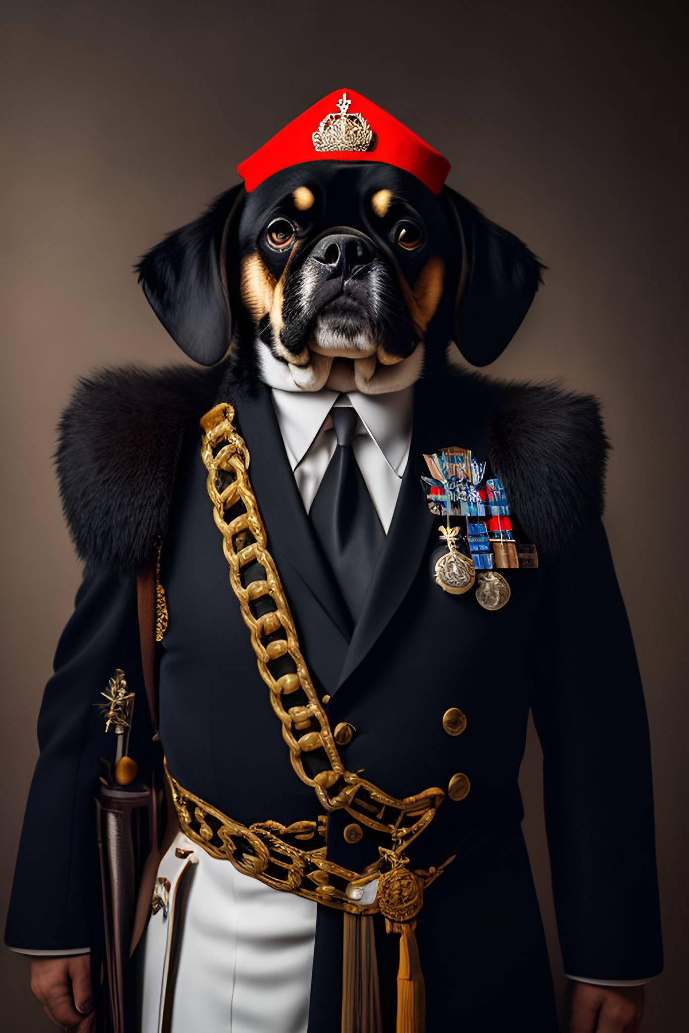 agile-falcon816: Witty anthropomorphic dog wearing a royal
