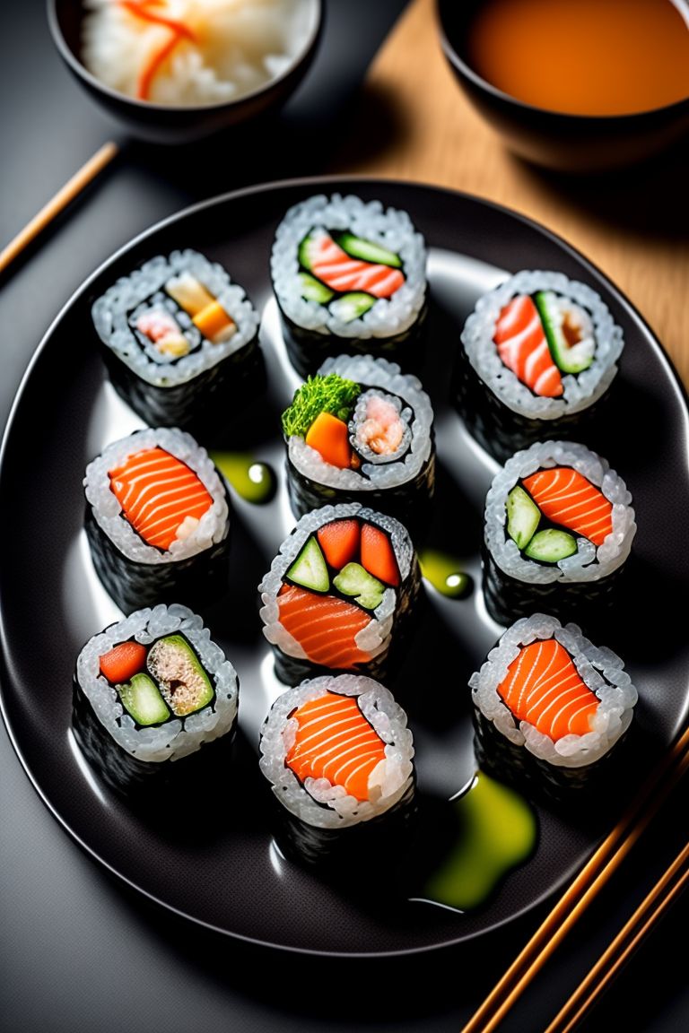 A sushi roll set lays perfectly aligned, surrounded by a torrent