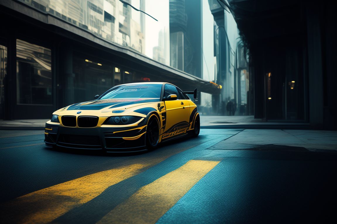 taut-termite639: on the streets of cyberpunk black color modified race car  bmw e60,yellow ornate,Photo realistic,Realistic background,By irmgard  kareline becker despradel,32k,600 dpi,Sony A7, IVStudio lighting,Realistic  Environmental Lighting,Immersive