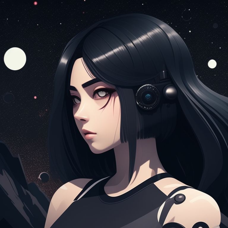 TiagoADM: circular design, anime woman, black hair, dark scenery