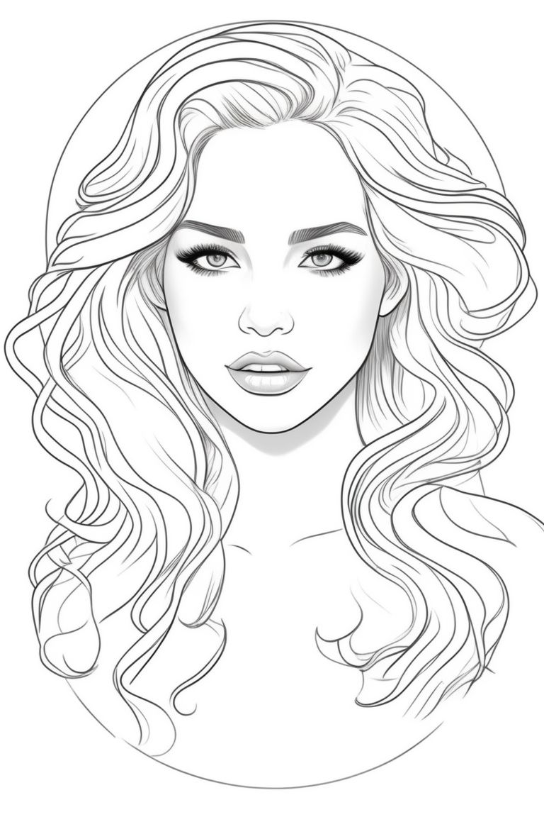  coloring page, blonde bombshell, beautiful woman, mixed race, in the style of Charlie Bowater, digital illustration, with beautiful eyes and full curly hair, coloring page, flawless line art,Simple, Flat, 2D,  Thin lines, Clean line art, Circular, Circle outline, Monogram, Svg, Minimalist, Icon