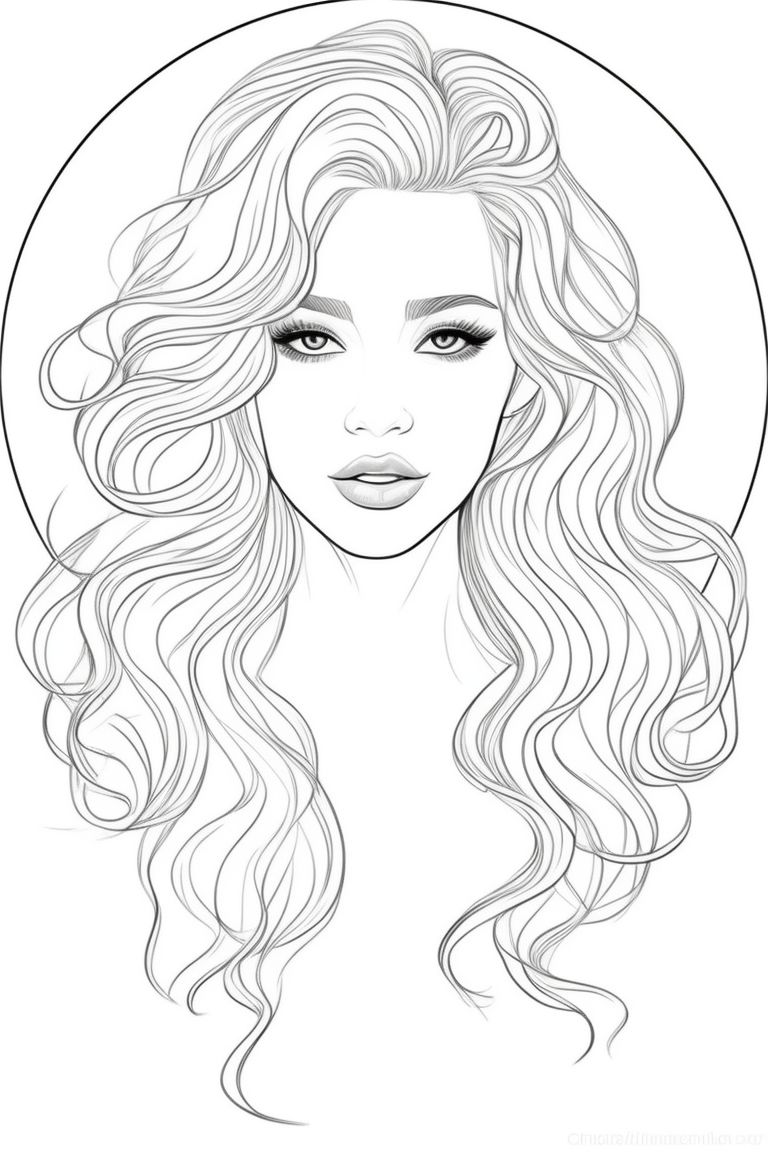  coloring page, blonde bombshell, beautiful woman, mixed race, in the style of Charlie Bowater, digital illustration, with beautiful eyes and full curly hair, coloring page, flawless line art,Simple, Flat, 2D,  Thin lines, Clean line art, Circular, Circle outline, Monogram, Svg, Minimalist, Icon