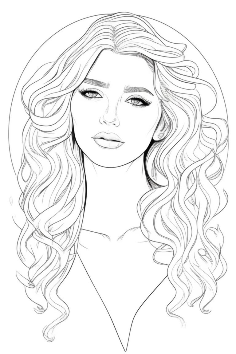  coloring page, blonde bombshell, beautiful woman, mixed race, in the style of Charlie Bowater, digital illustration, with beautiful eyes and full curly hair, coloring page, flawless line art,Simple, Flat, 2D,  Thin lines, Clean line art, Circular, Circle outline, Monogram, Svg, Minimalist, Icon