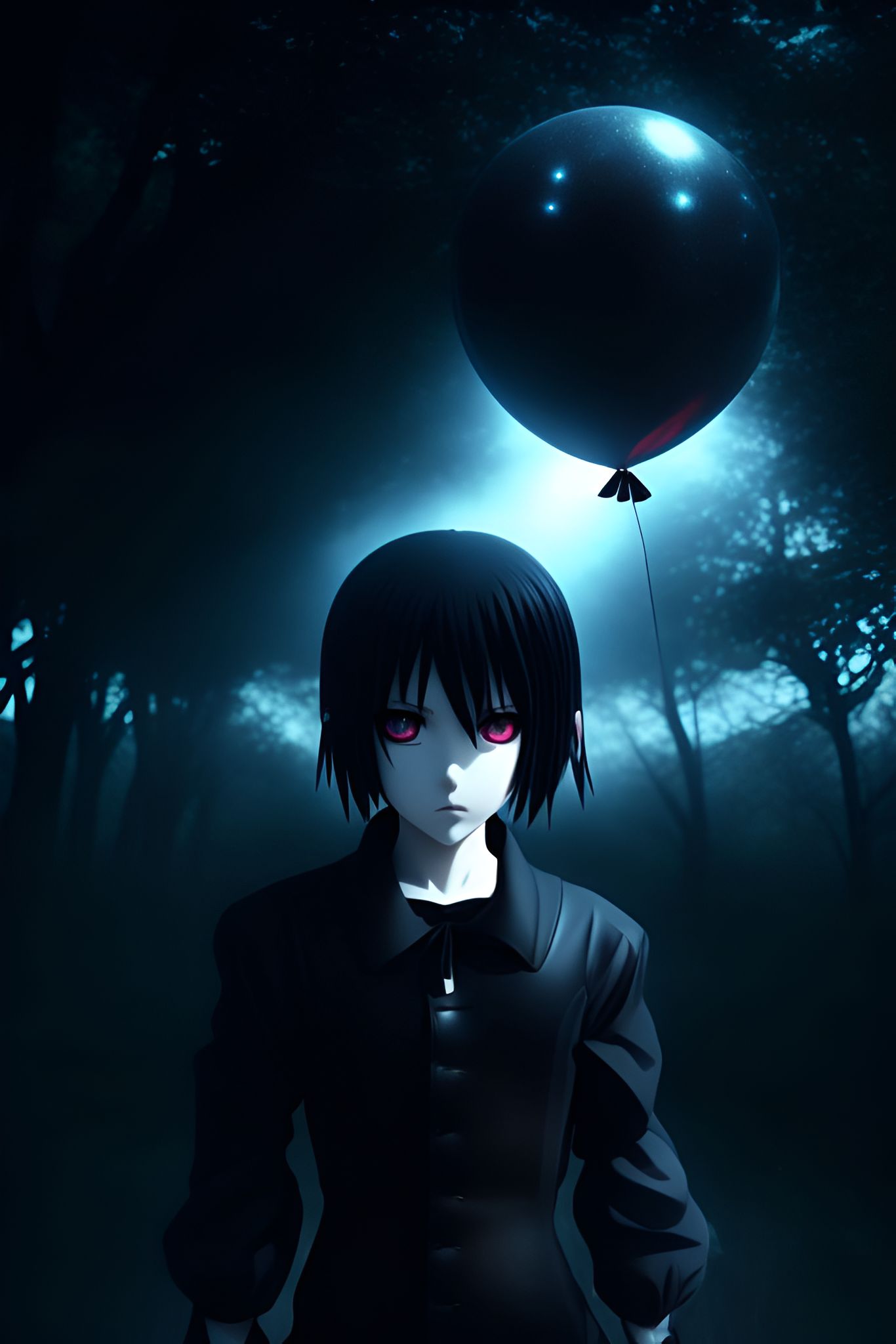 totes: a goth anime young adult holding floating a black balloon in a field