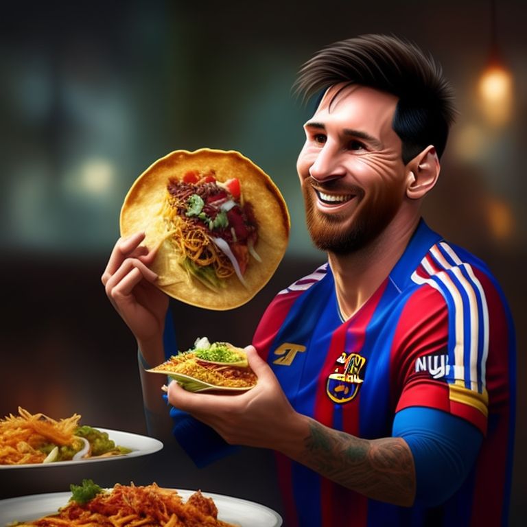 wilted-sheep654: In a realistic style. Lionel Messi with a smile eating ...