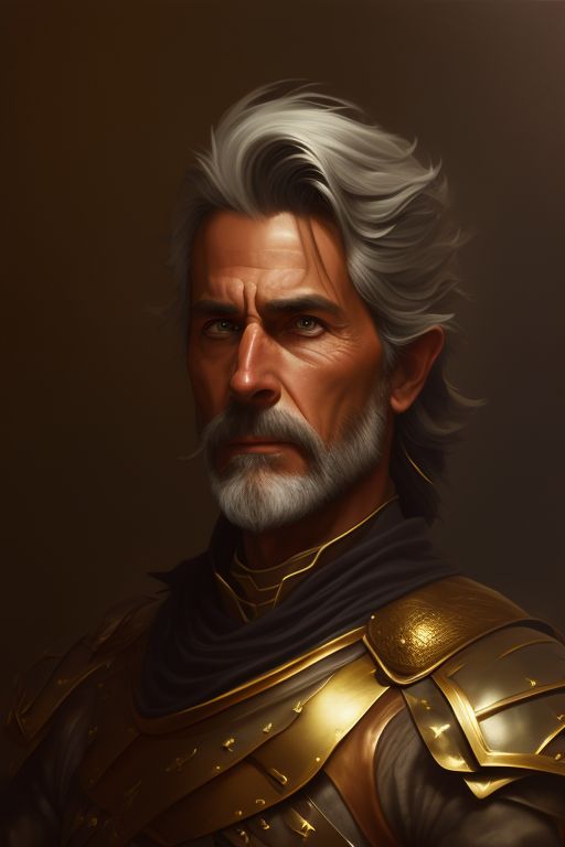 D&D portrait of, Older Male Dragon Rider Ranger. He has gold dragon eyes. Silver hair with a hint gold kept neatly in a half ponytail and a short beard. Gold dragon companion., fantasy d&d style, Rim lighting, perfect line quality, high pretty realistic quality oil painting, art by norman rockwell, Centered, dark outlines, perfect white balance, color grading, 16K, Dynamic pose, Sharp, Sharp edges