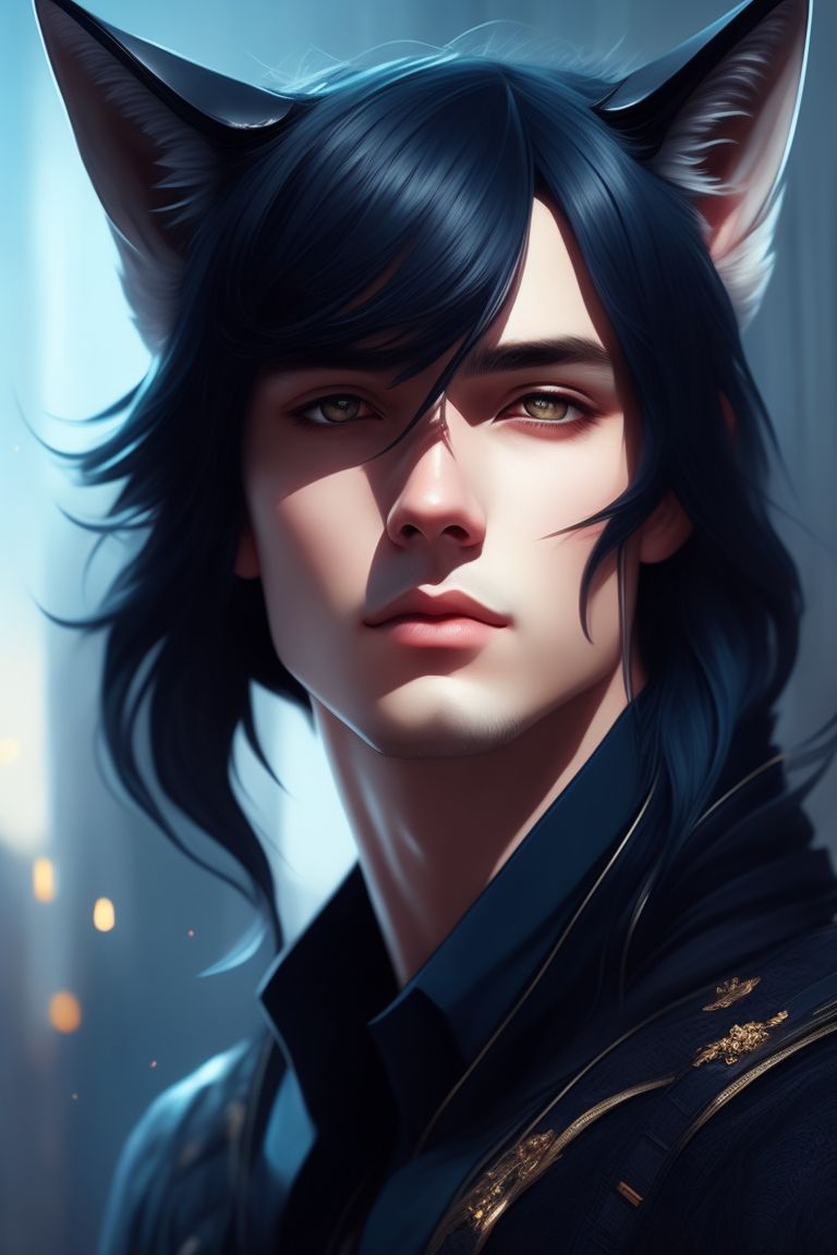 anime boy with black hair and cat ears