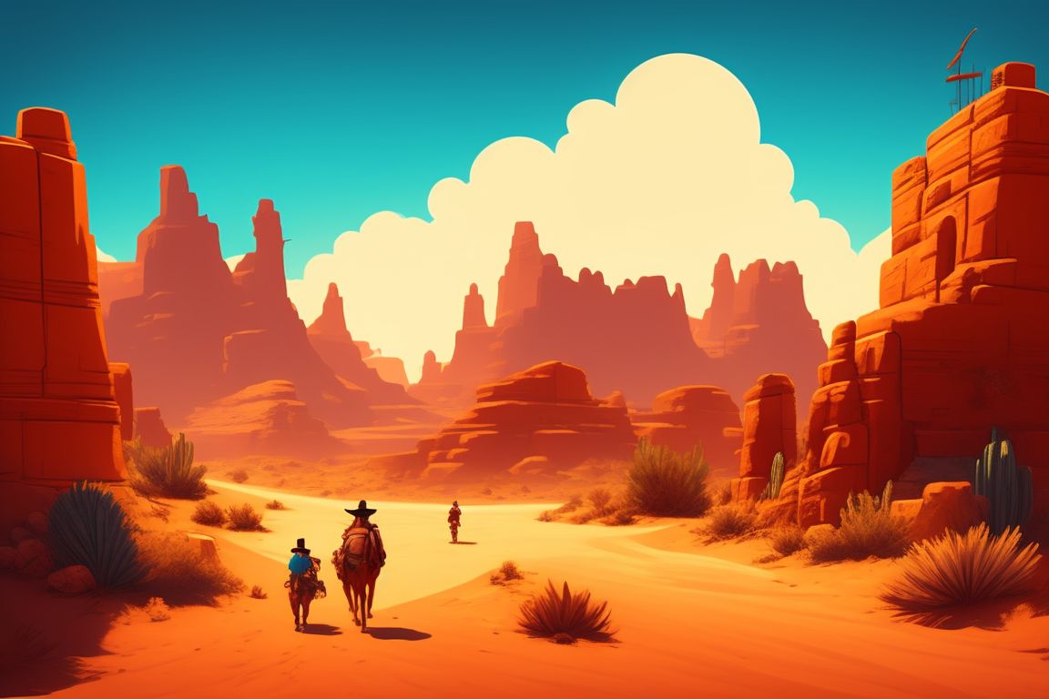 Cartoony detailed illustration, showing na old western, desert environment , sunny day, in Disney style, cell shading, colored with shades of orange, brown and beige, comic book style, digital art