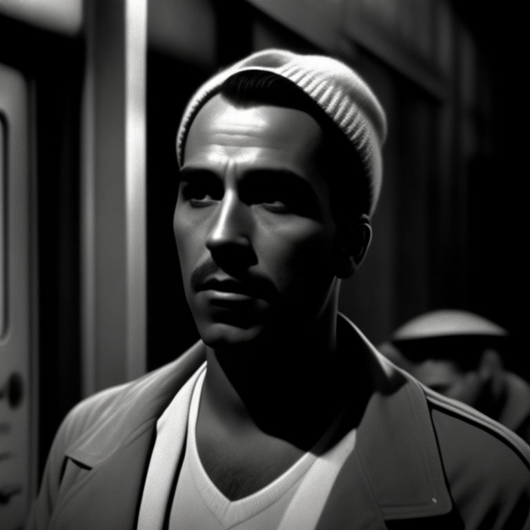 1950's, Cinematic shot, Black and white movie, Heavy shadows, Dust and scratches, Movie by Ed Wood, Imperfect skin, In this spine-chilling Twilight Zone episode, Hispanic man with a short buzz cut in a  scene from a wes anderson film, The Grand Budapest Hotel, the French dispatch, Moonrise Kingdom, The Darjeeling Limited, The Life Aquatic with Steve Zissou, 1950s monster film, b-movie special effects, desolate countryside, dark and foreboding setting, suspenseful and eerie, Natural skin textures, Skin pores, Weathered, music creates a sense of dread, paranoia, film noir, Movie, government cover-up