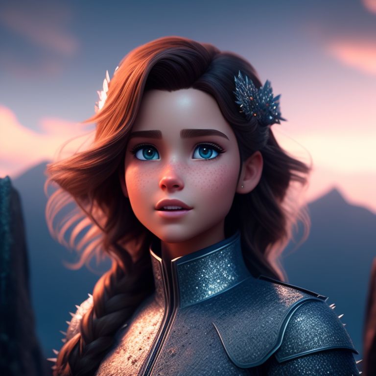 a majestic, towering ice castle perched upon a mountain peak, glacial lighting, Fantasy, Intricate, Highly detailed, Digital painting, Artstation, Matte, Sharp focus, Illustration, Art by Magali Villeneuve, ruan jia, jonas de ro, george redhawk, scott m, fischer, victor mosquera., standing centered, Pixar style, 3d style, disney style, 8k, Beautiful, Lila was a brave young girl much like Katniss Everdeen, with short, spiky brown hair, piercing gaze, and freckled nose., 3D style rendered in 8k using beautiful Disney like animation