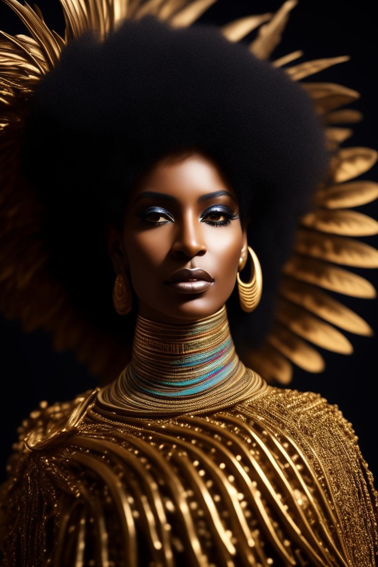 Art, beauty and black woman with gold makeup on brown background