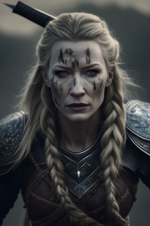 Imperfect, Cate Blanchett as a Viking Warrior Queen, fighting in battle, she stands tall and fierce, radiating strength and determination. With long blonde hair tied in a braid, piercing blue eyes, she has black painted tribal markings on her face, blood smeared on her arms, she embodies the spirit of a battle-hardened leader. Adorned in iron armour, wielding a mighty battle-axe, she commands respect with her regal presence, exemplifying the perfect blend of strength and beauty., Perfect mouth and Lips, Perfect eyes, Perfect eyebrows, Perfect likeness, Perfect features, Perfect hair, Imperfect skin, Perfect lighting, symmetric highly detailed eyes, Dark fantasy, Epic scene, Aggressive, Viking aesthetic, Tribal markings, (((full body view)))