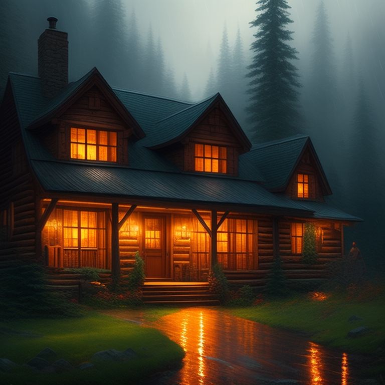flippant-wasp0: cozy cabin with a crackling fireplace and rain falling