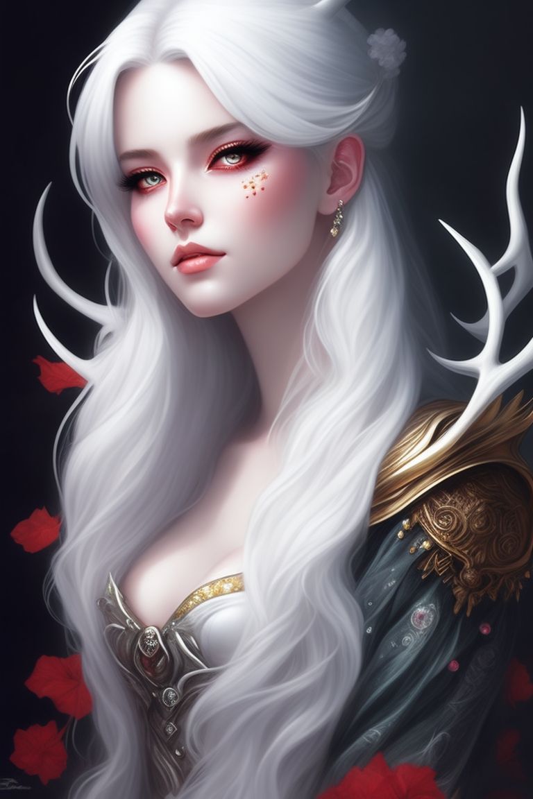 DanteHaiwindo: White haired woman with red eyes and deer horns ...
