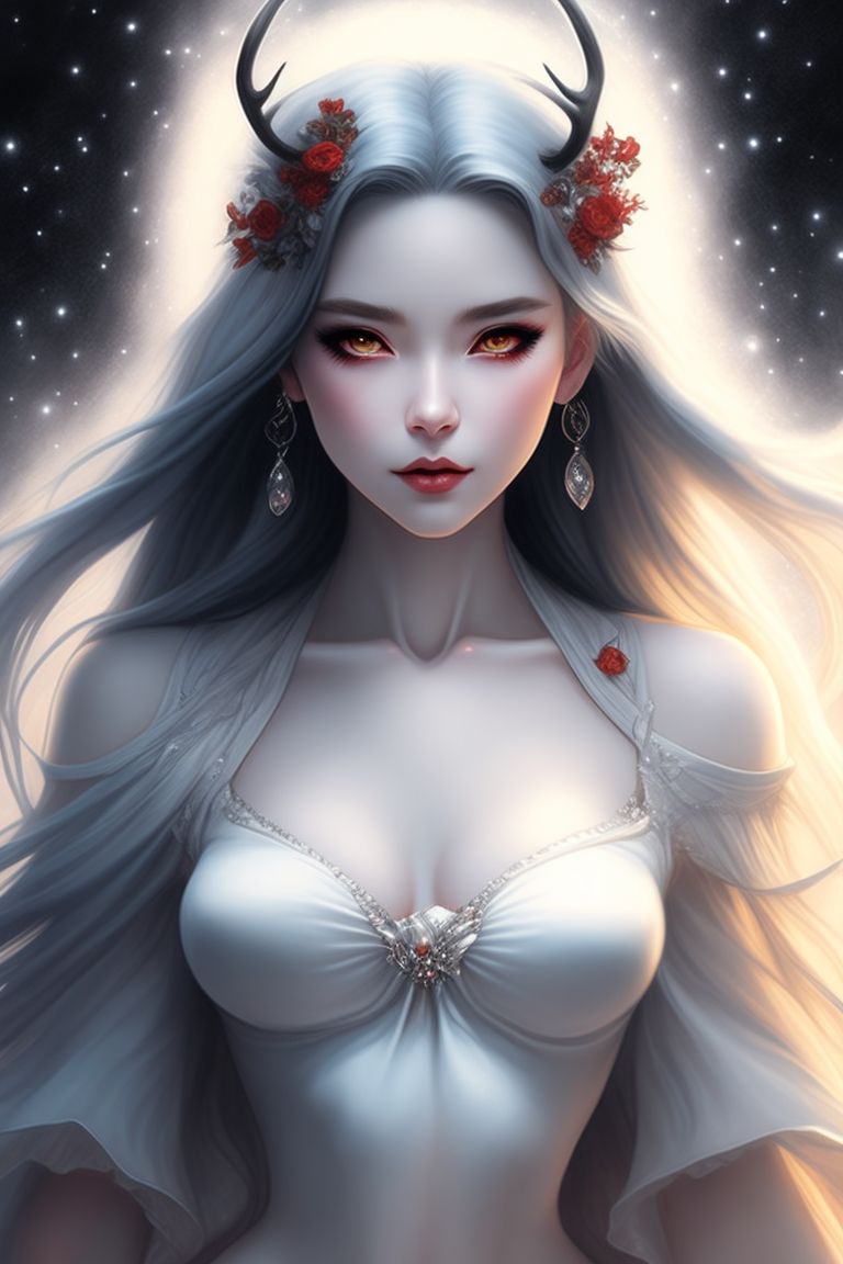 DanteHaiwindo: White haired woman with red eyes and deer horns ...