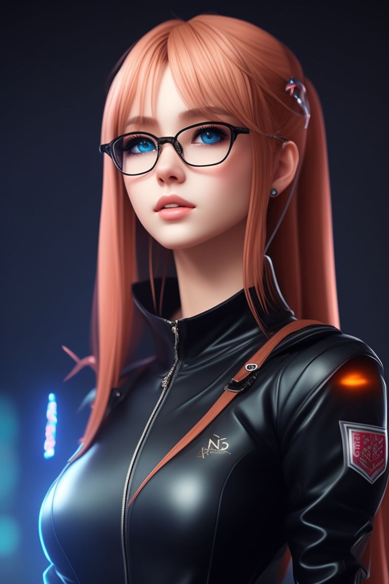 perfect-crow845: teen girl, dark blonde hair, thin dark red glasses, slim  figure, blue eyes, badass outfit, badass teen, teenage girl, anime ascetic,  badass lighting, cool outfit, epic outfit, epic lighting, brown hair