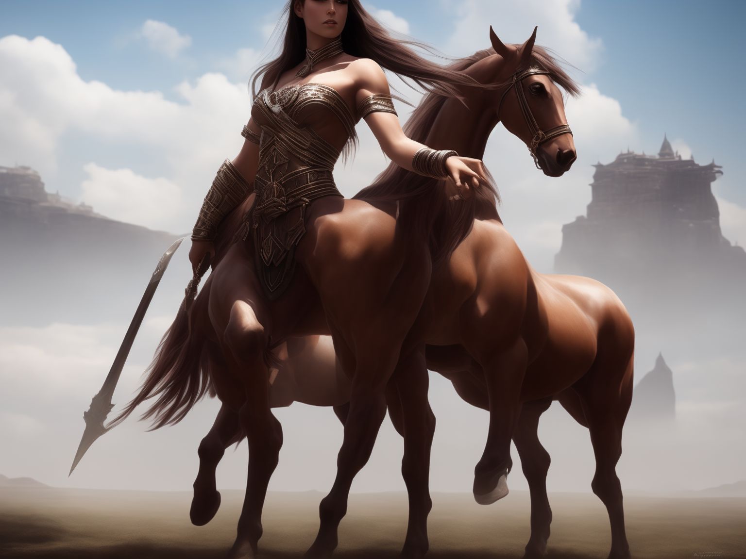 staring off into the distance

- serene, 
a centaur woman, Fantasy, Artstation, Mythical, Concept art, Detailed, Sharp focus