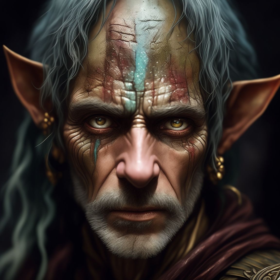 poor dirty ugly beggar, elf, elven, ultra detailed fantasy, dndbeyond, bright, colourful, realistic, dnd character portrait, pathfinder, pinterest, art by ralph horsley, dnd, rpg, face close-up, portrait, ugly, Fantasy character art, Fantasy art, Male elf, Dirty, scarred, disheveled 