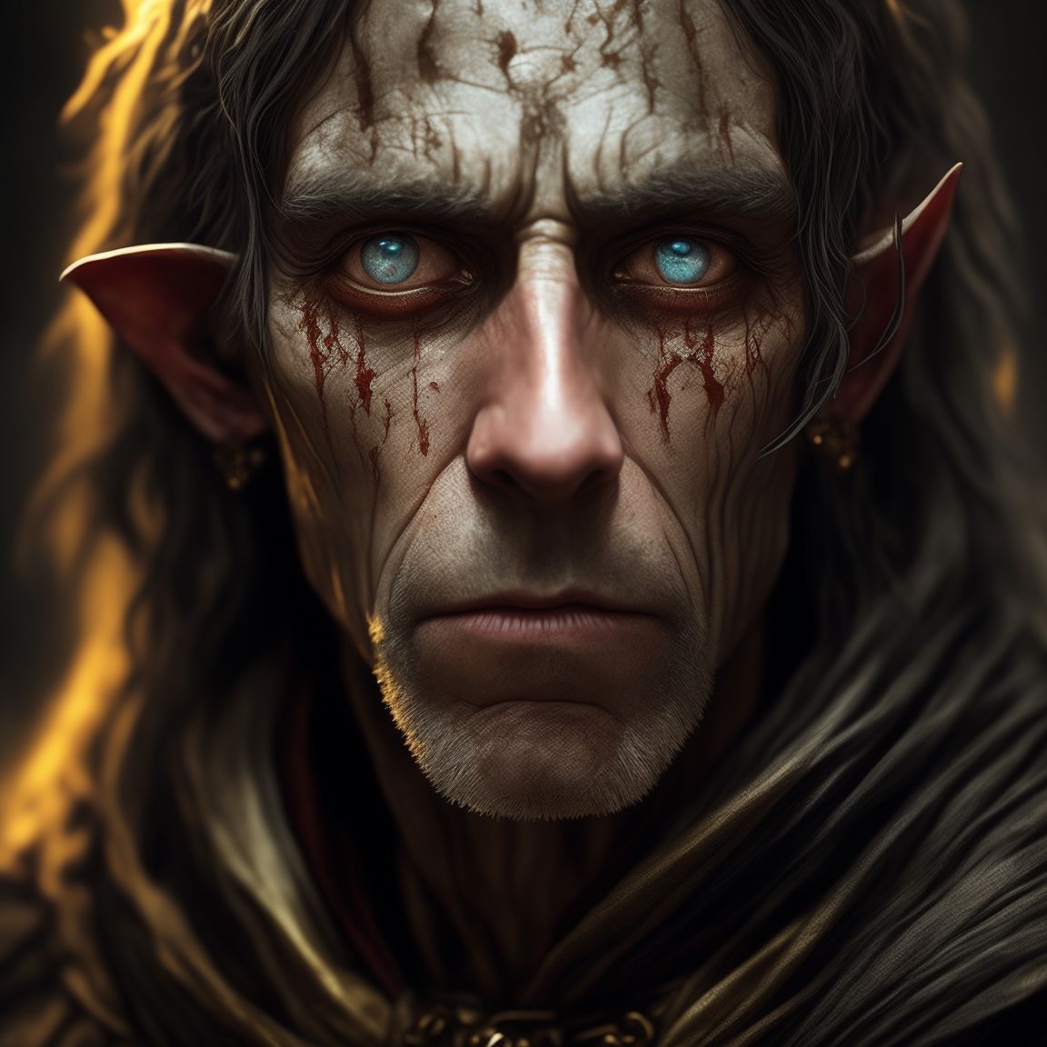 poor dirty ugly beggar, elf, elven, ultra detailed fantasy, dndbeyond, bright, colourful, realistic, dnd character portrait, pathfinder, pinterest, art by ralph horsley, dnd, rpg, face close-up, portrait, ugly, Fantasy character art, Fantasy art, Male elf, Dirty, scarred, disheveled 