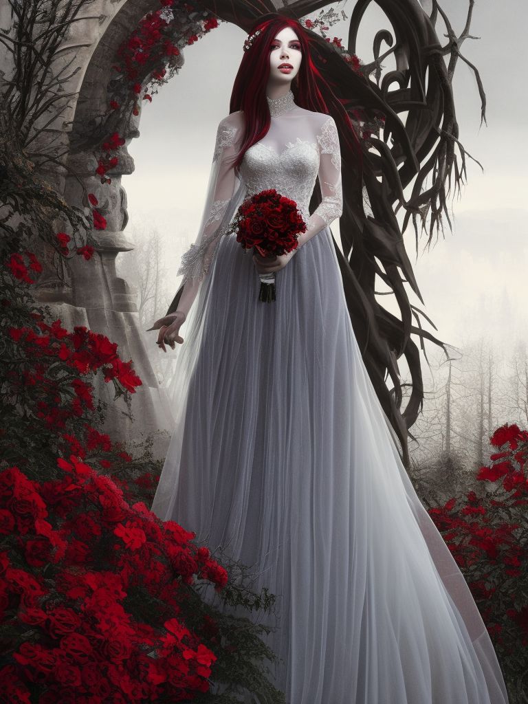 untrue-deer175: bride with very white skiny and angry face. long black  hairs. red lipstick and finger nails. asian typ.