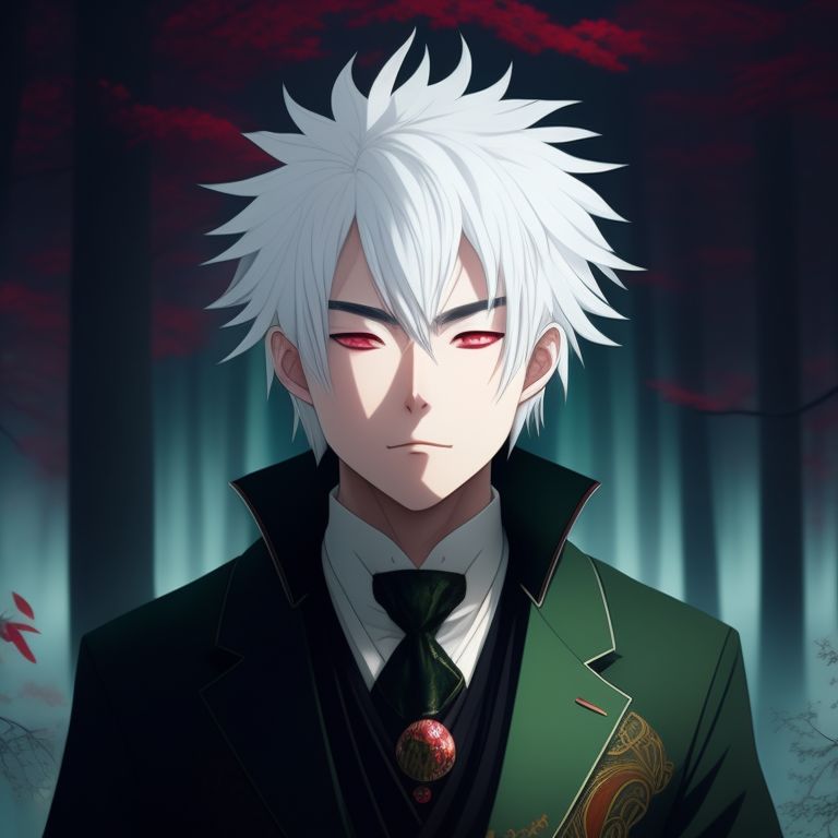purple-clam274: White haired anime man with bangs over his right eye and closed  eyes and a green necktie with white hair and his eyes closed