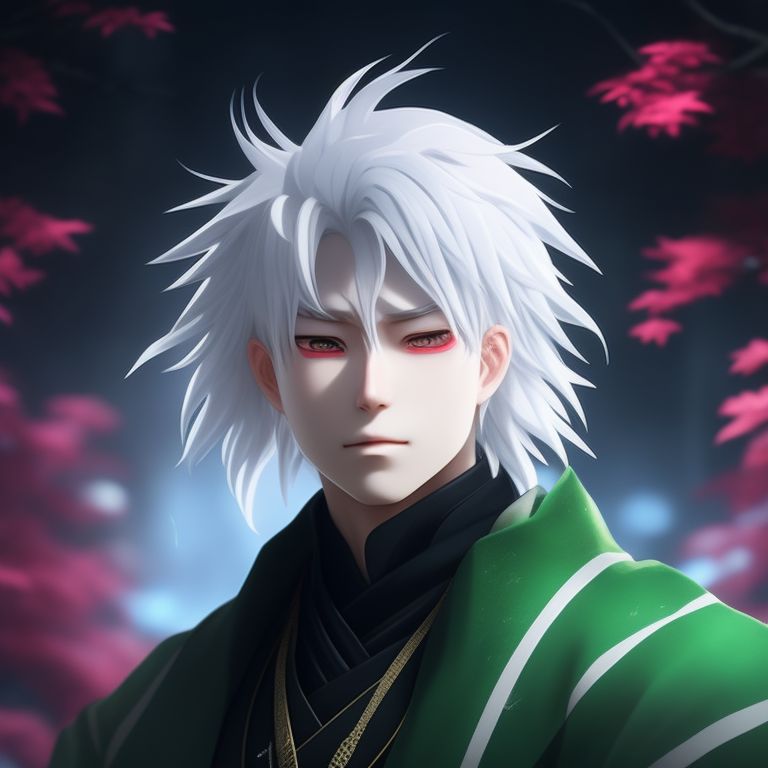 White haired anime man with bangs over his right eye and closed eyes and a green necktie with white hair and his eyes closed and hair covering one eyes, in a mystical japanese forest setting, with glowing red eyes, ominous lighting, Intricate details, rendered in a digital painting style inspired by the works of yoshitaka amano, and featuring elements of japanese folklore and mythology.