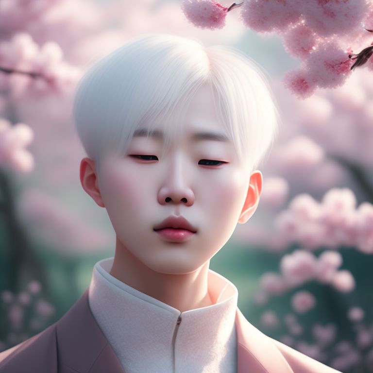 Young Albino Korean man with his eyes closed and white hair, meditating in a forest surrounded by blooming cherry blossom trees, soft sunlight, Calming, Peaceful, Surreal, Intricate, Digital painting, aesthetic anime style, art by loish and artgerm, Trending on Artstation, high detail.