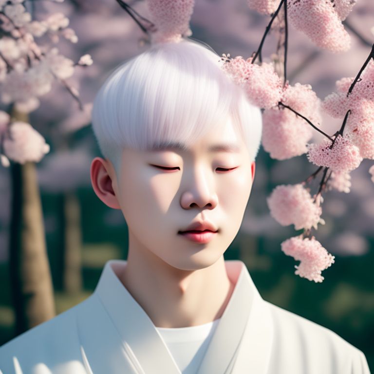 Young Albino Korean man with his eyes closed and white hair covering one eye, meditating in a forest surrounded by blooming cherry blossom trees, soft sunlight, Calming, Peaceful, Surreal, Intricate, aesthetic anime style, high detail.