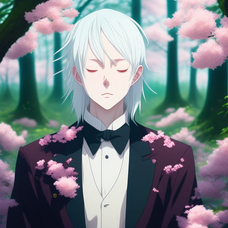 purple-clam274: 26 year old Albino anime man with eyes closed and long  white hair and a green tie