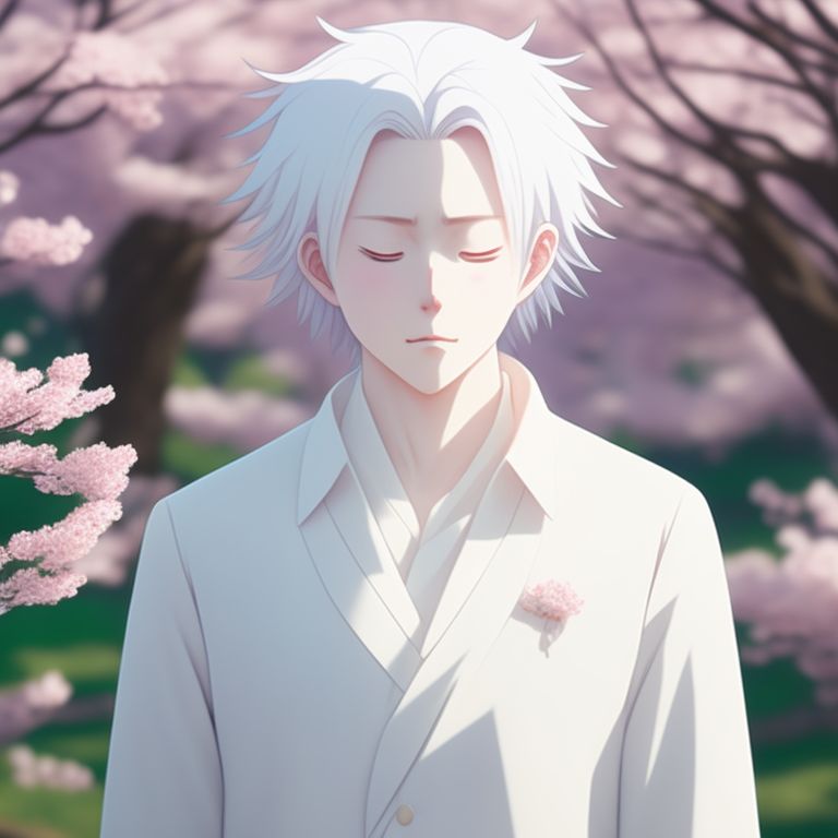 purple-clam274: White haired anime man with bangs over his right eye and closed  eyes and a green necktie with white hair and his eyes closed