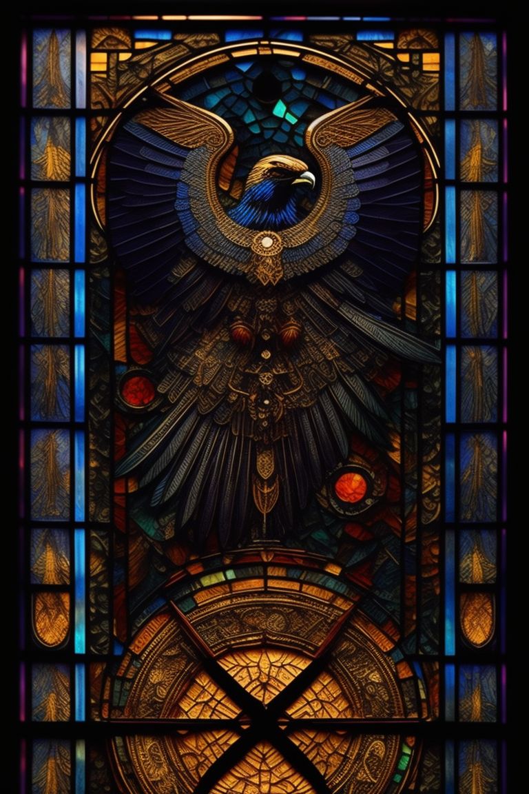 edible-crow416: pen and ink, stained glass, hawk god, feathers