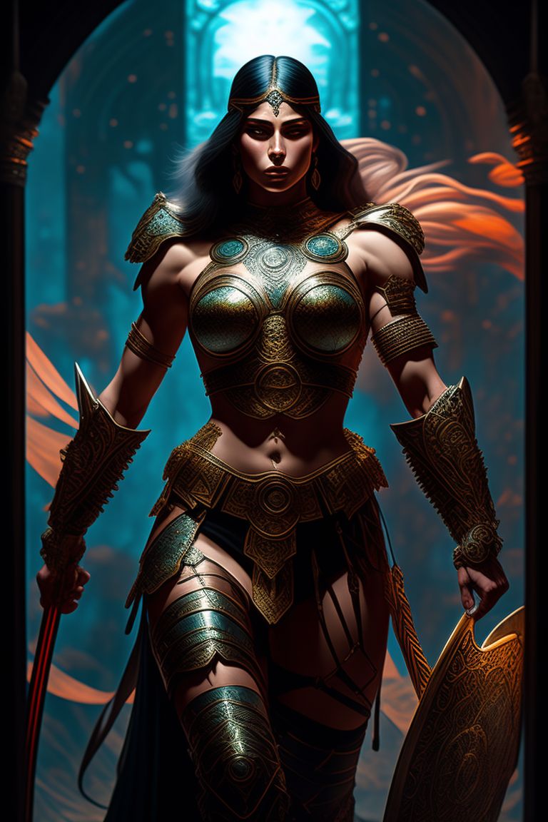stained glass, roman warrior woman, intricate, hyperwave fantasy concept art, dynamic pose, barbarian, primitive, maximalism, with intense lighting, moody atmosphere, Digital painting, Intricate details, and inspired by the artworks of frank frazetta, Boris Vallejo, and simon bisley.