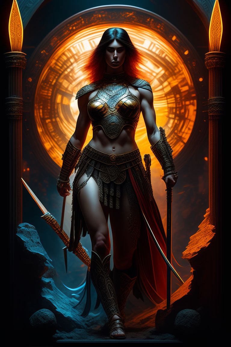 edible-crow416: stained glass, roman warrior woman, intricate, hyperwave  fantasy concept art, dynamic pose, barbarian, primitive, maximalism