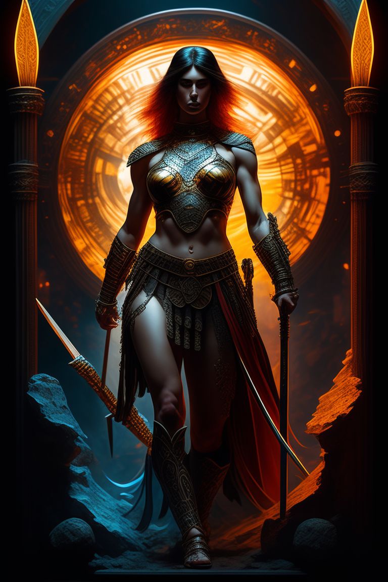 stained glass, roman warrior woman, intricate, hyperwave fantasy concept art, dynamic pose, barbarian, primitive, maximalism, with intense lighting, moody atmosphere, Digital painting, Intricate details, and inspired by the artworks of frank frazetta, Boris Vallejo, and simon bisley.