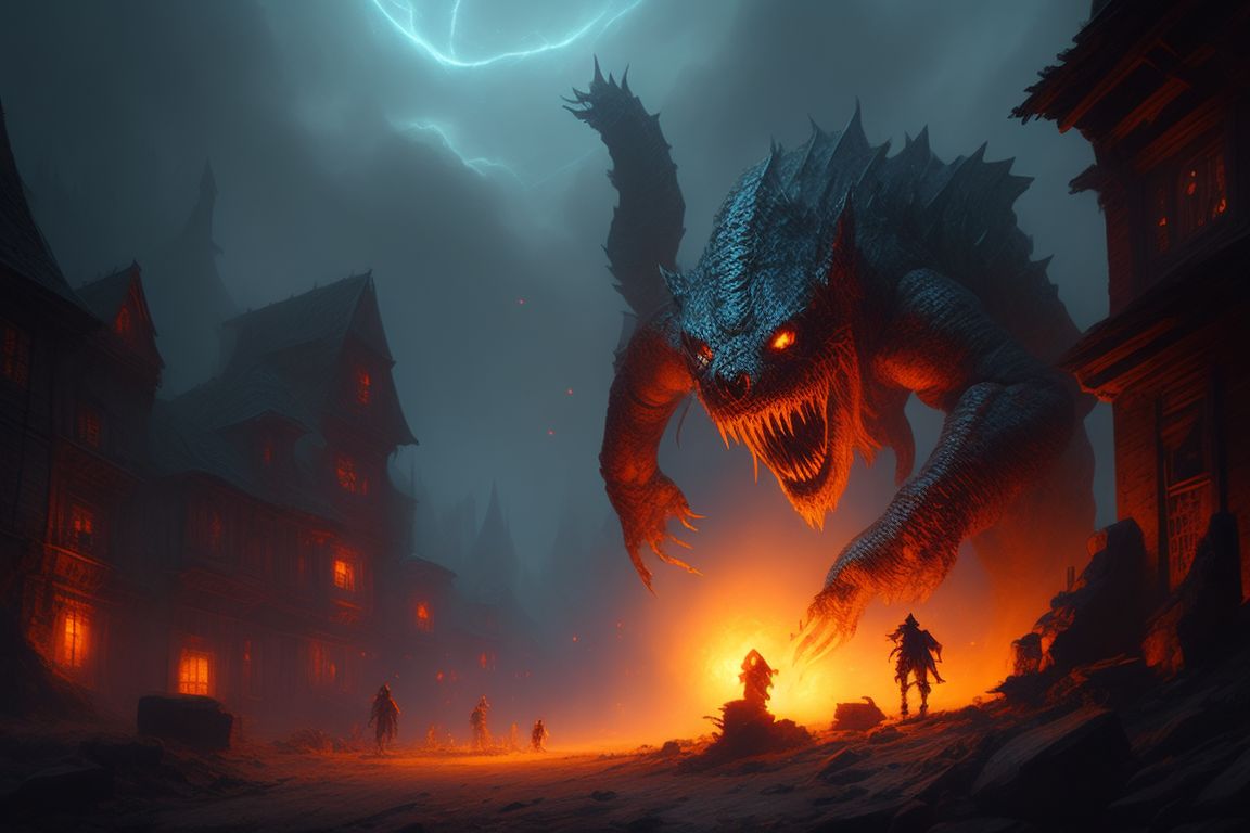 A spooky monster glowing eyes. The monster is in an attack pose. The monster is walking through an abandoned medieval village with ghosts. , Fantasy Monsters, DnD Creatures, Concept art, Oil on canvas, monster manual, Highly textured, Digital painting, Jeff Easley, Sharp focus, 3D, Keith Parkinson, Dnd, Dramatic pose, Dramatic shadows, Colorful, Full body shot, daniel r. horne, Greg Rutkowski