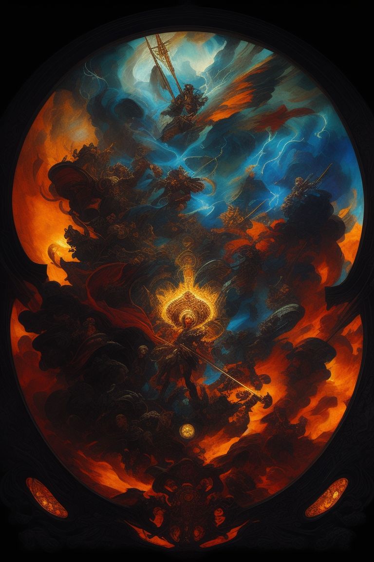 edible-crow416: pen and ink, stained glass, moody colors, hyper detailed,  barbarian battle, storm, painted by michelangelo, painted by frank  frazetta, fantasy concept art, intricate, maximalism, (( dynamic pose )),  ornate, byzantine mosaic