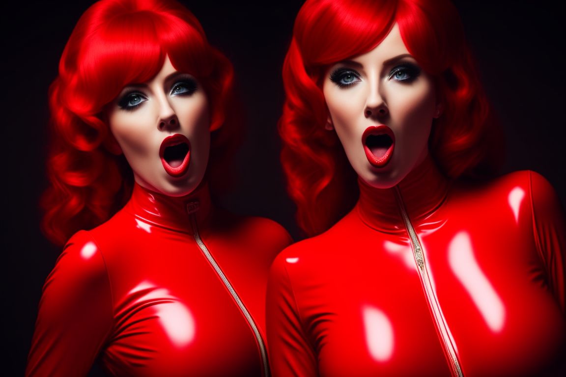 staid-ibex826: redheaded woman in tight red latex catsuit with her mouth  open